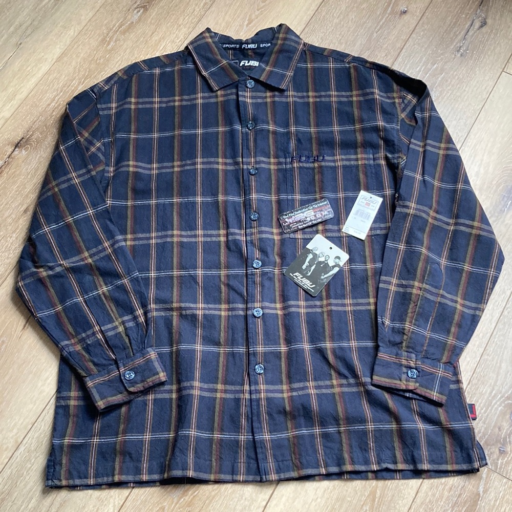 FUBU Sports Navy Checkered Long Sleeve Button Down Shirt Medium M Mens C…